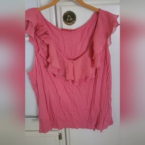 Elle brand plus, pink, V- neck ruffle blouse with rosette detail.